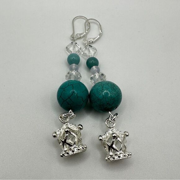 SALE! 3" dangle earrings in silver tone metal with glass, stone, ceramic beads! - Picture 3 of 10